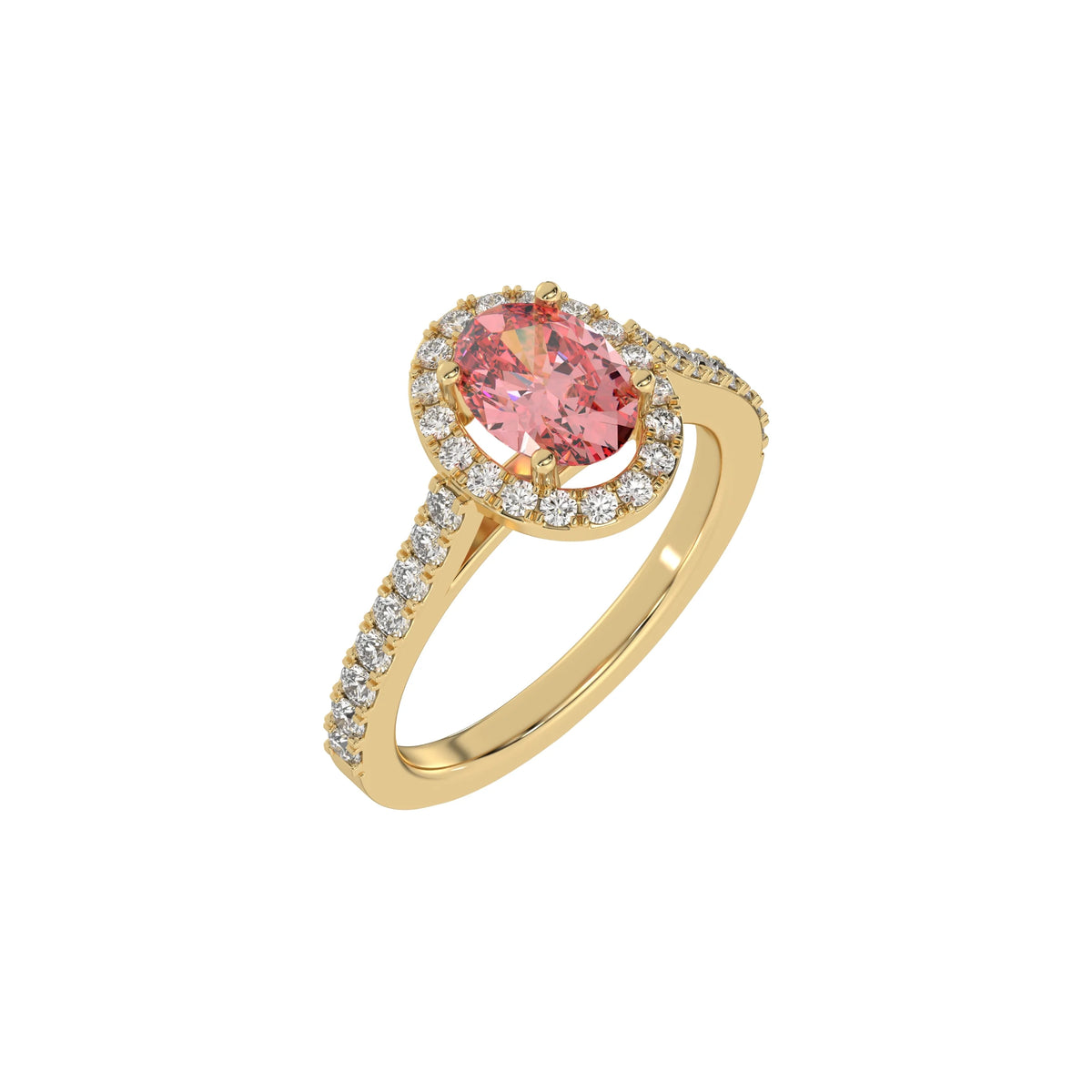 This yellow gold Oval Diamond Halo Engagement Ring is made with a fancy pink oval solitaire diamond set in a four-prong setting, surrounded by a halo of round diamonds all set on a pave band in 3D view