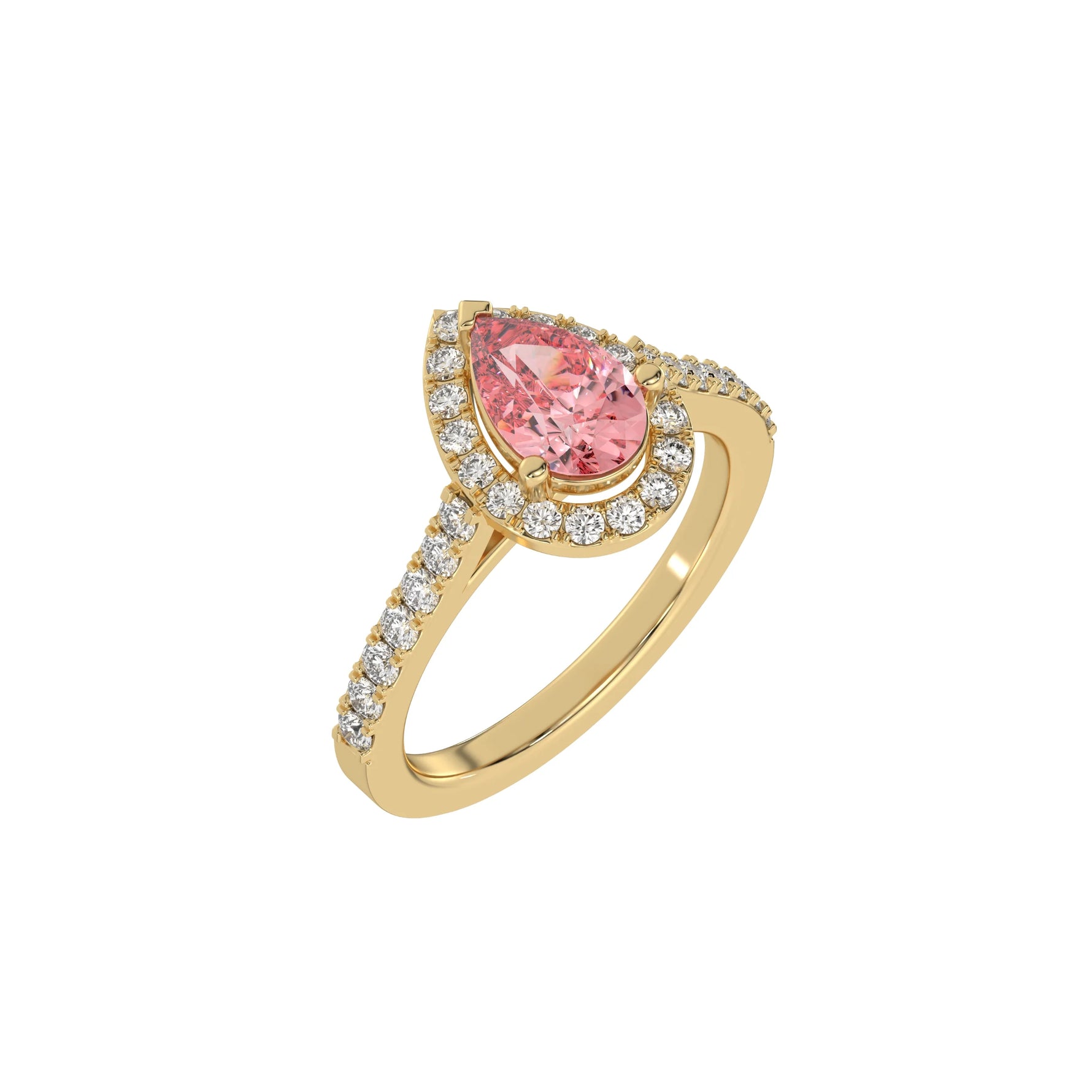 This yellow gold Pear Diamond Halo Engagement Ring is made with a fancy pink pear solitaire diamond set in a four-prong setting in 3D view