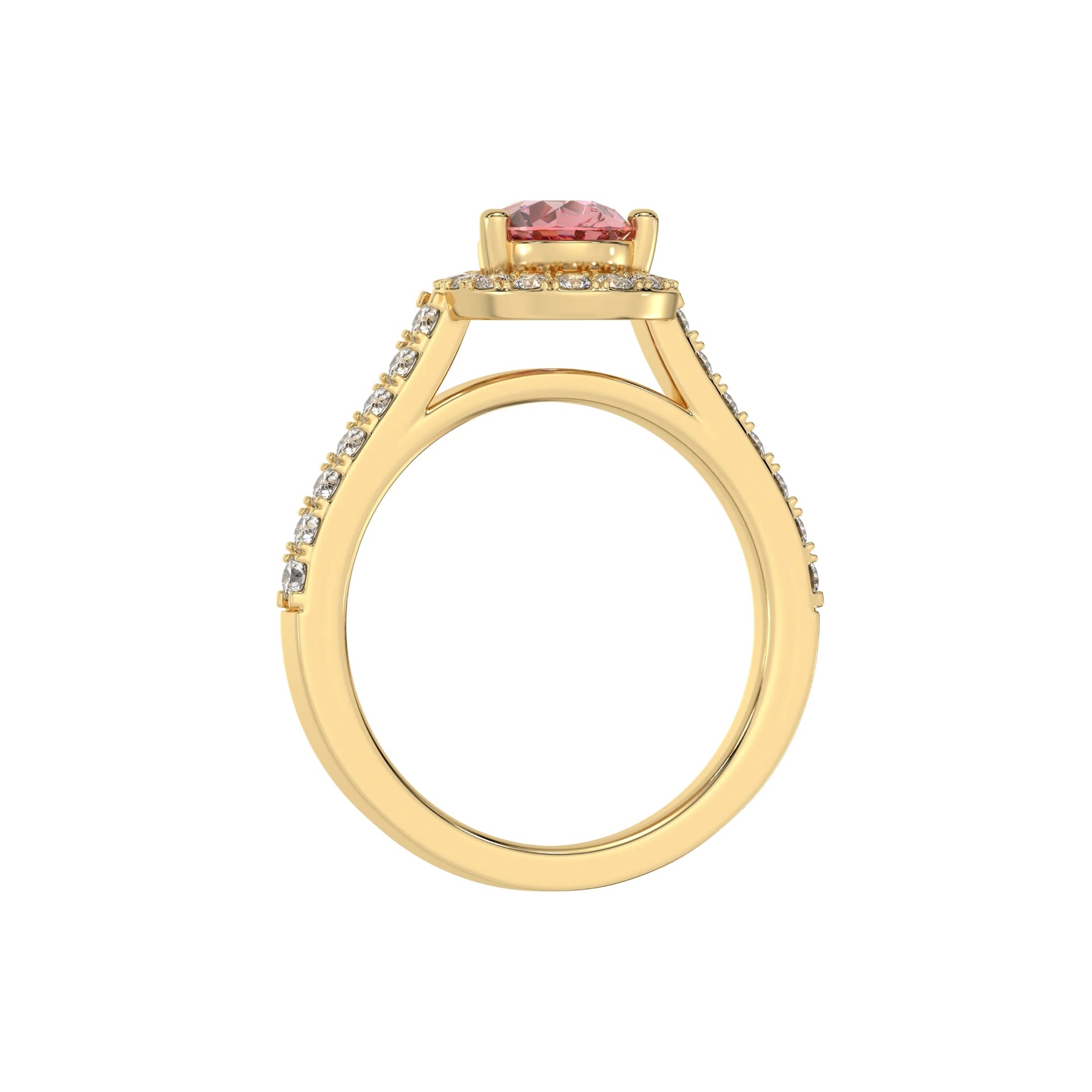 This yellow gold Pear Diamond Halo Engagement Ring is made with a fancy pink pear solitaire diamond set in a four-prong setting in through finger view