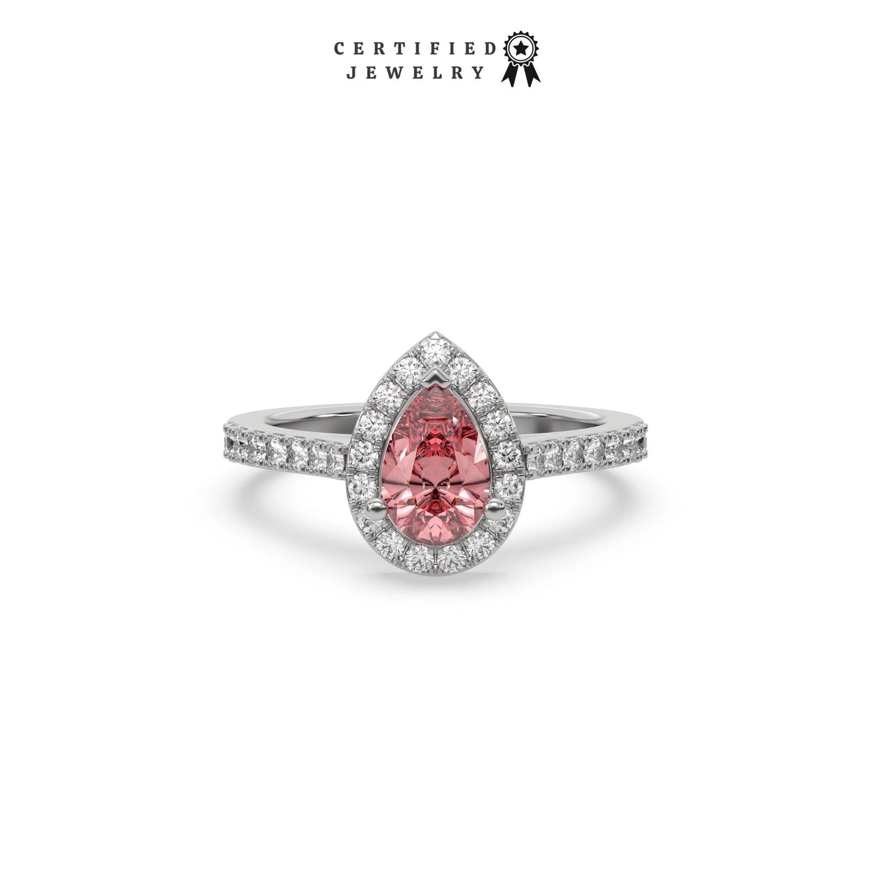 This white gold ring displayed in front view is made with a pear solitaire diamond set in four-prong setting