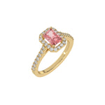 This yellow gold Radiant Diamond Halo Engagement Ring is made with a fancy pink radiant solitaire diamond set in a four-prong setting in 3D view