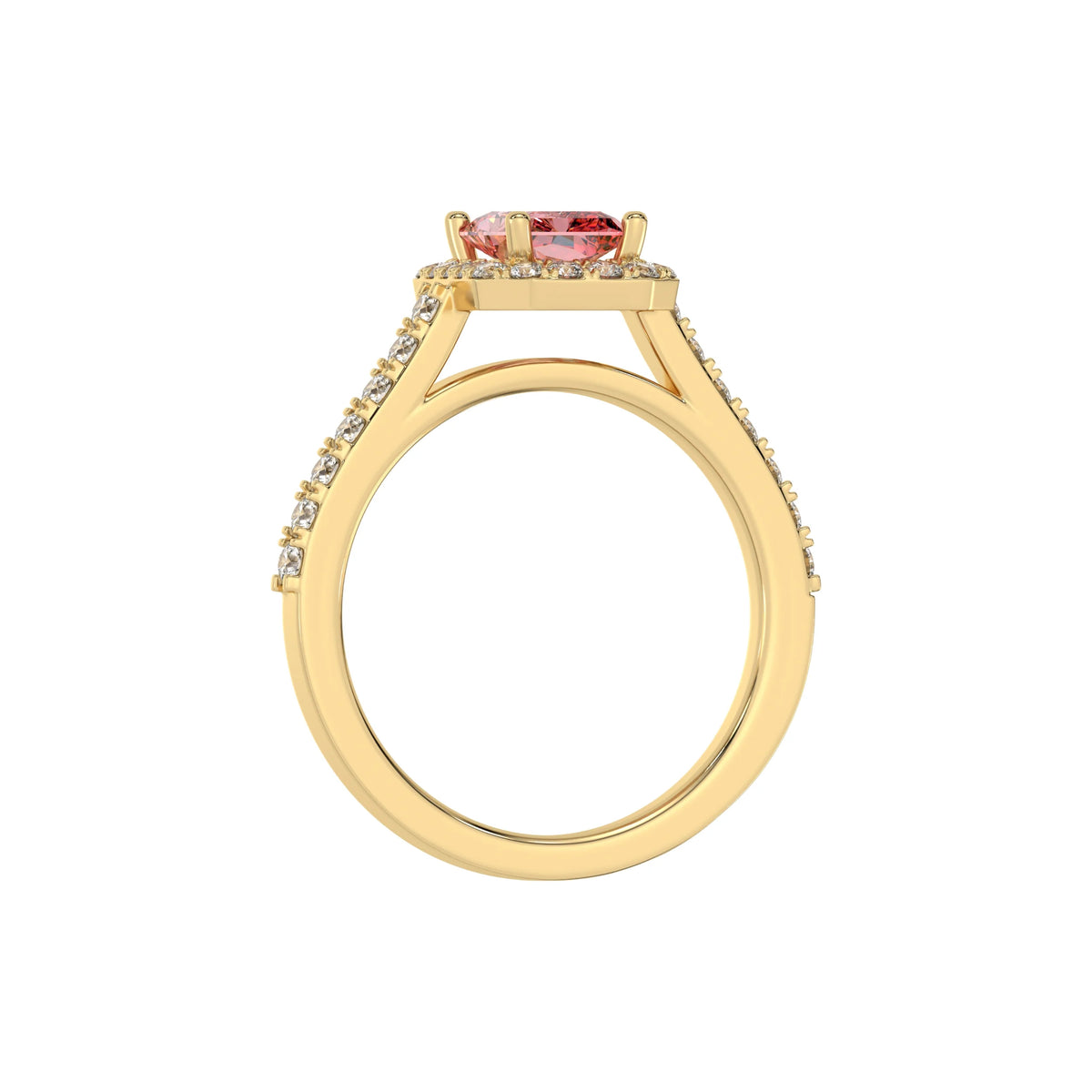 This yellow gold Radiant Diamond Halo Engagement Ring is made with a fancy pink radiant solitaire diamond set in a four-prong setting in through finger view