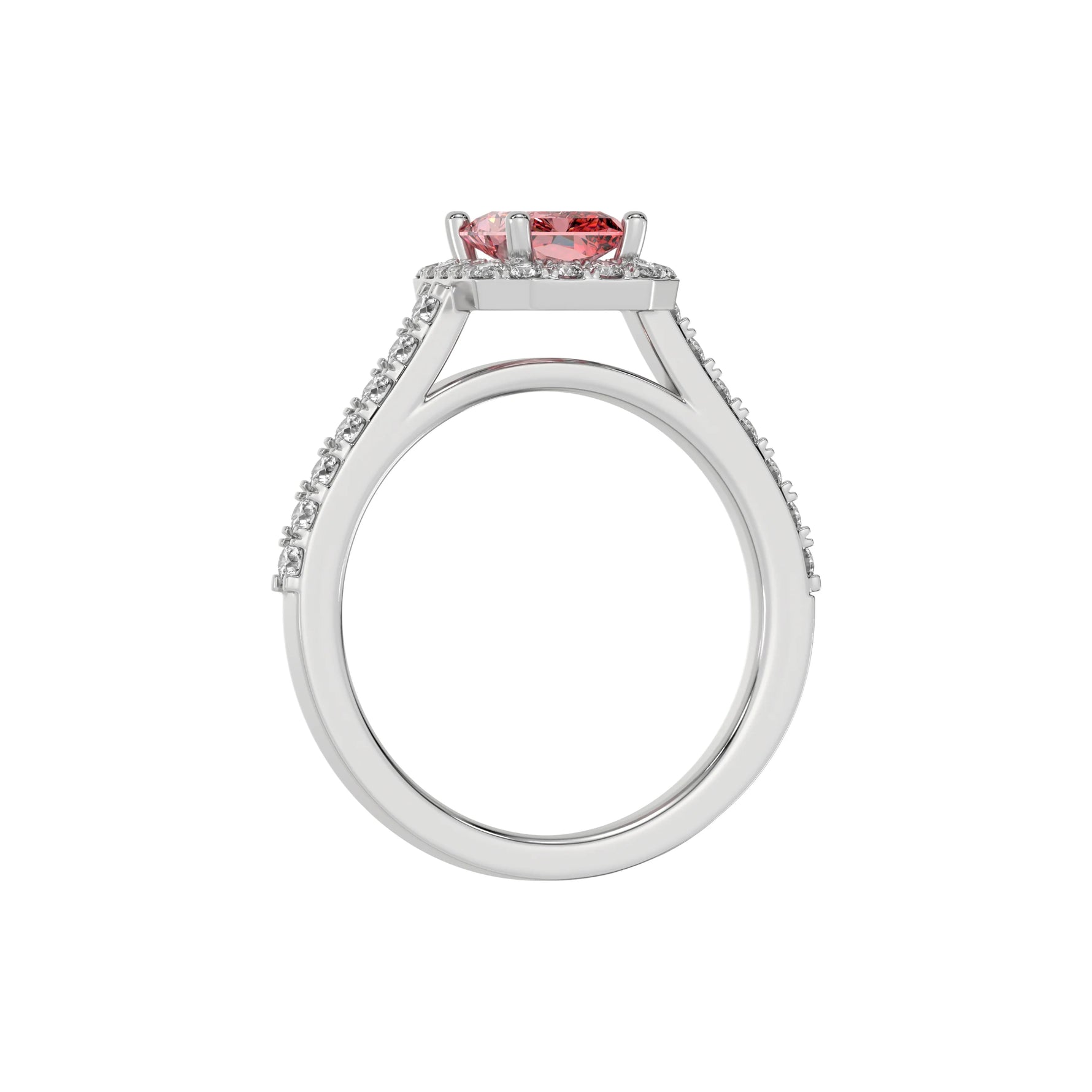 This white gold Radiant Diamond Halo Engagement Ring is made with a fancy pink radiant solitaire diamond set in a four-prong setting in through finger view