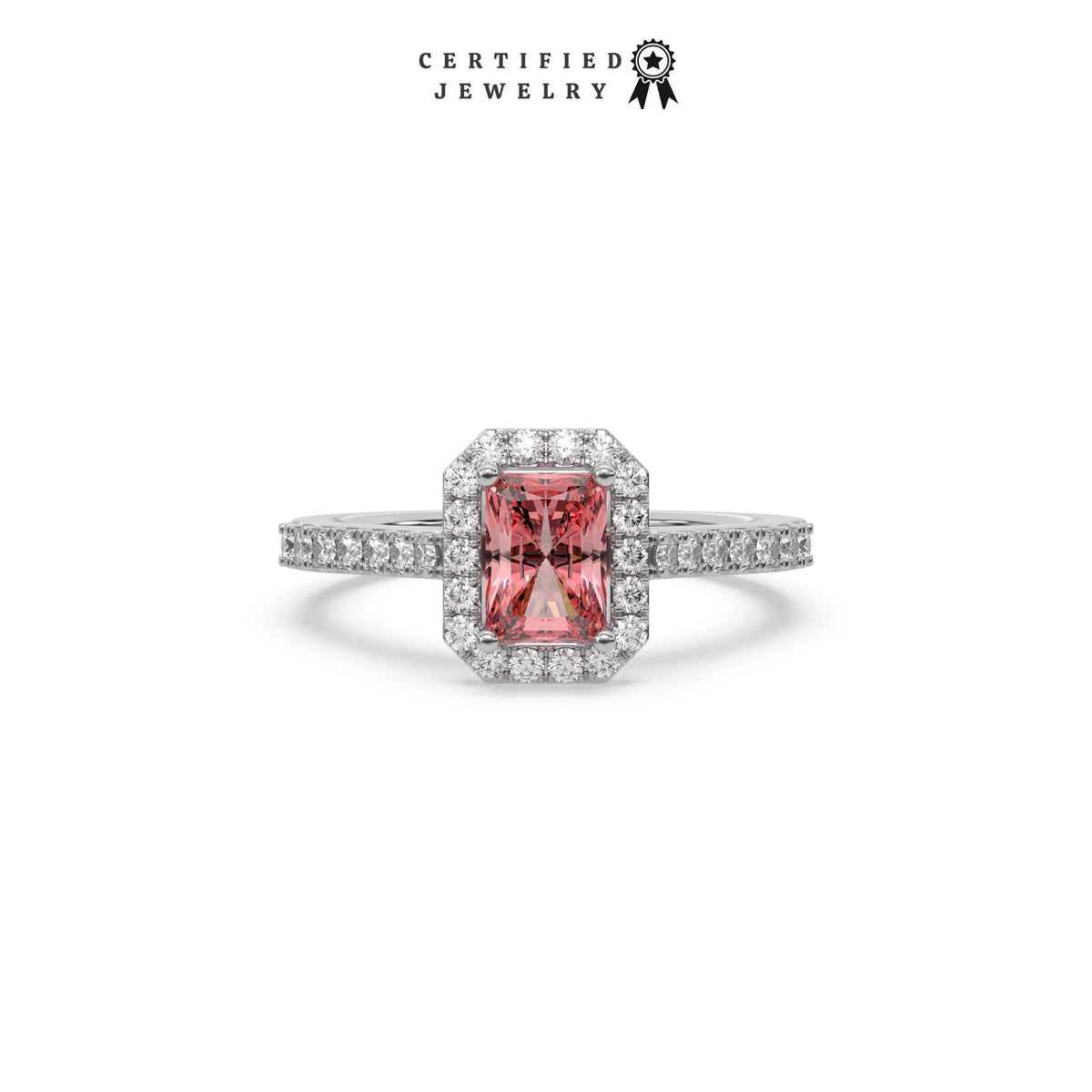 This white gold ring displayed in front view is made with a radiant solitaire diamond set in four-prong setting