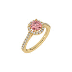 This yellow gold Round Diamond Halo Engagement Ring is made with a fancy Pink round solitaire diamond set in a four-prong setting in 3D view