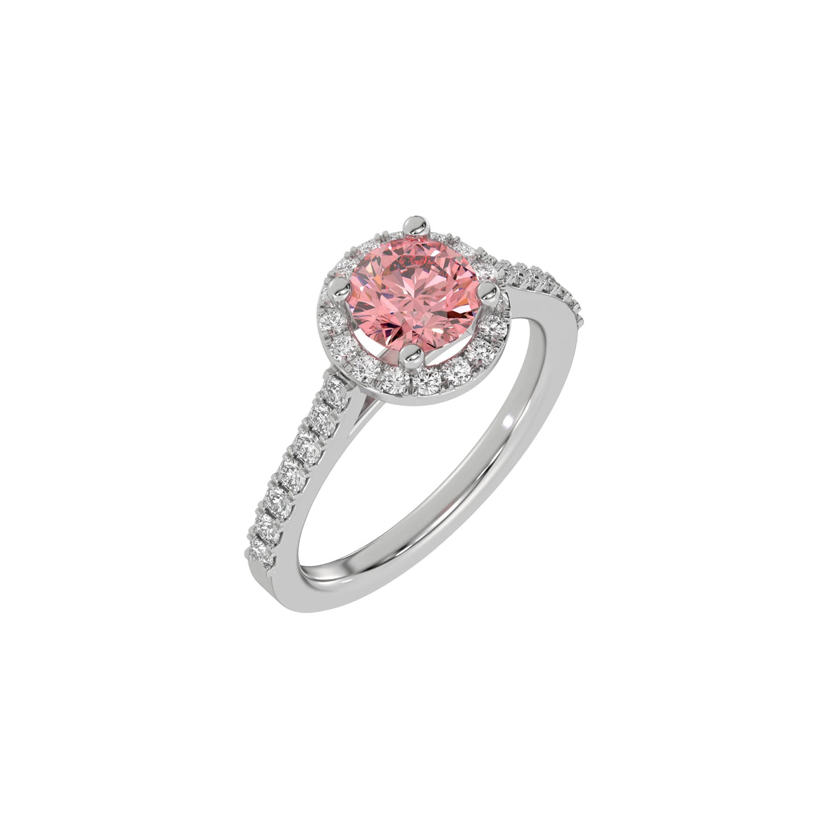 This white gold Round Diamond Halo Engagement Ring is made with a fancy Pink round solitaire diamond set in a four-prong setting in 3D view