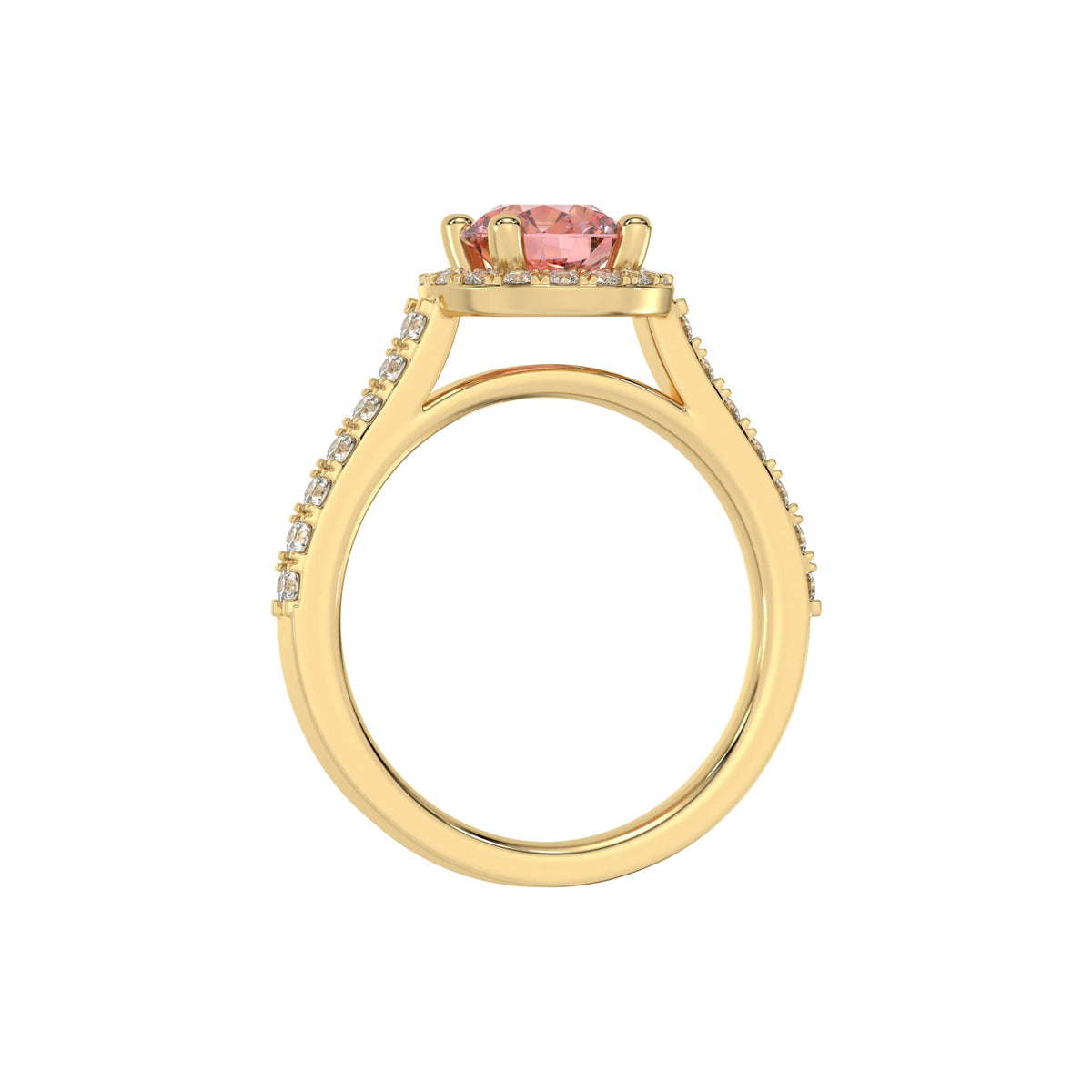 This yellow gold Round Diamond Halo Engagement Ring is made with a fancy Pink round solitaire diamond set in a four-prong setting in through finger view