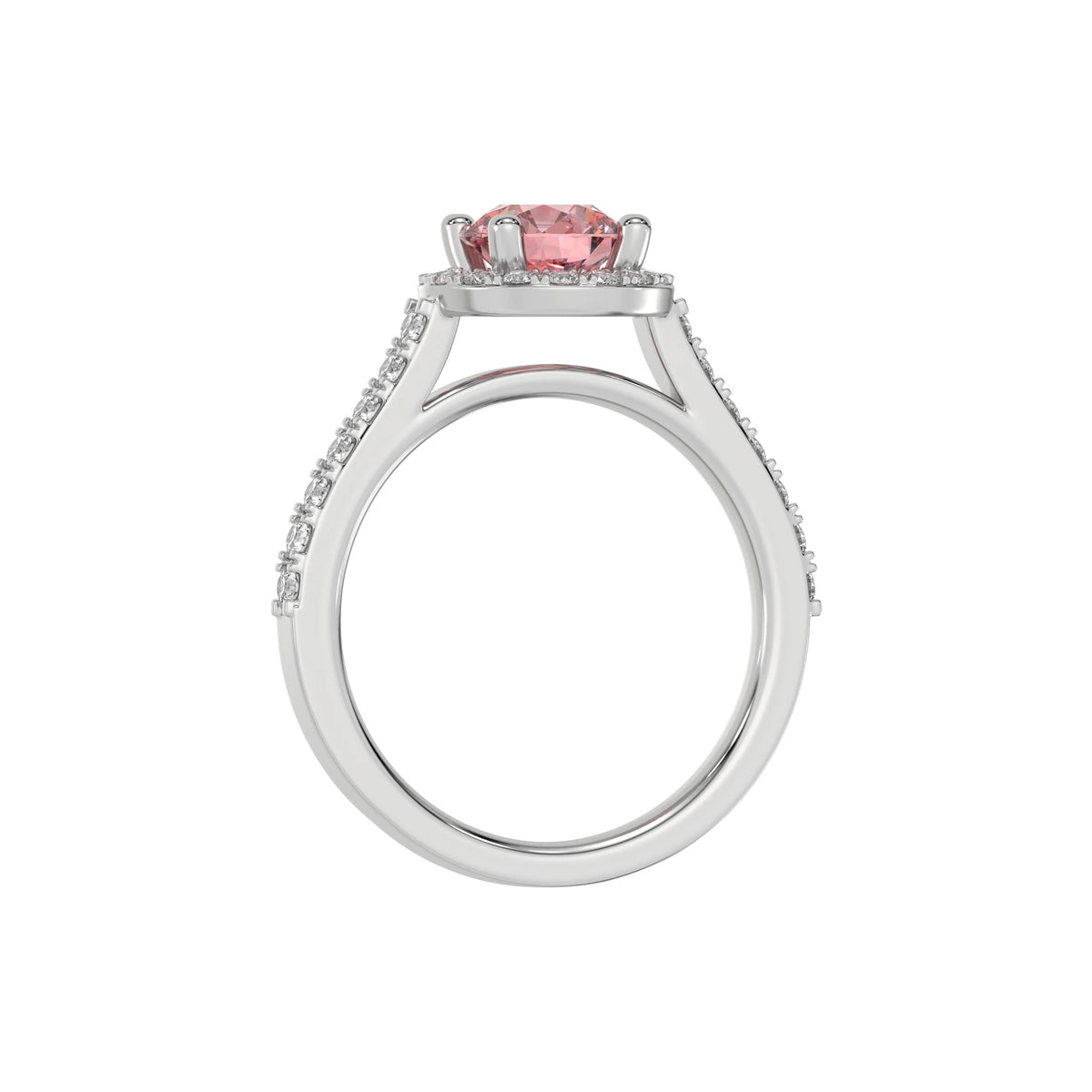 This white gold Round Diamond Halo Engagement Ring is made with a fancy Pink round solitaire diamond set in a four-prong setting in through finger view