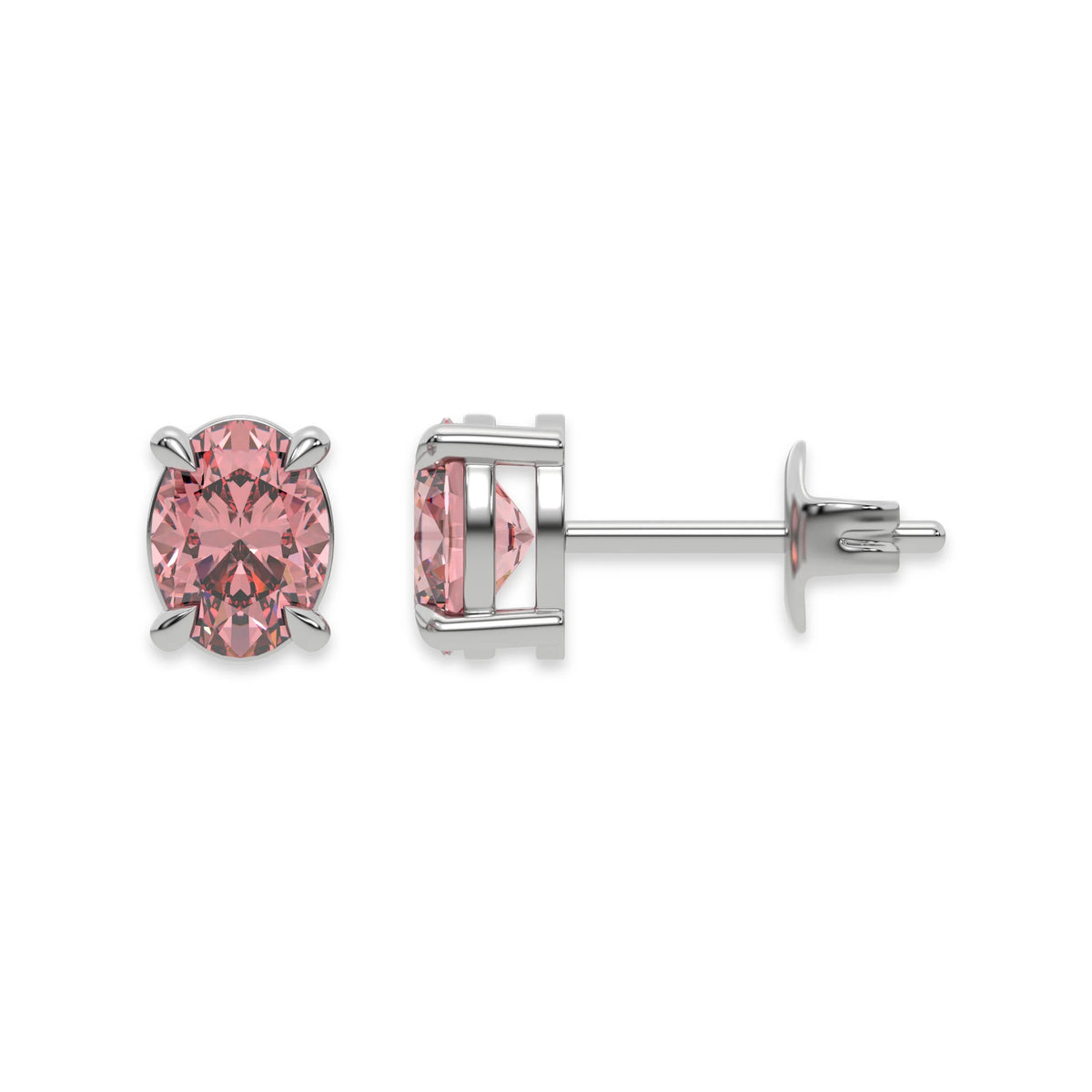 18k white gold oval diamond earrings made with a fancy pink oval cut diamond set in a four prong setting