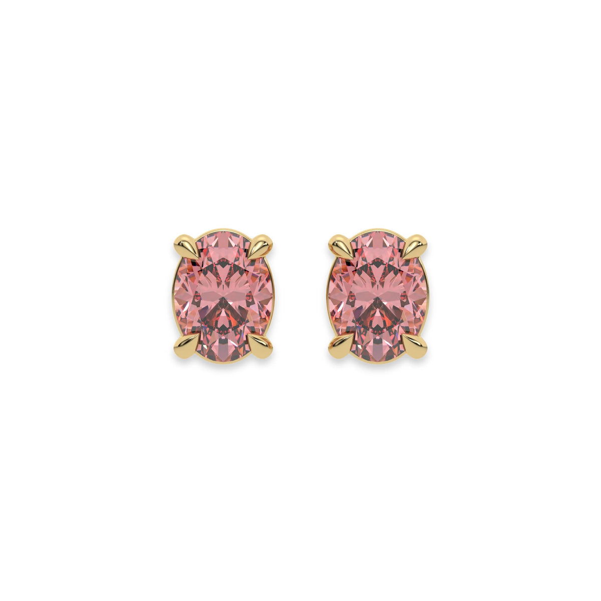 18k white gold oval diamond earrings made with a fancy pink oval cut diamond set in a four prong setting
