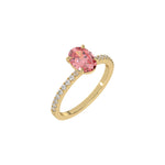 This yellow gold ring is made with an fancy Pink oval solitaire diamond set in four-prong setting, and is complemented by a round pave diamonds band in 3D view