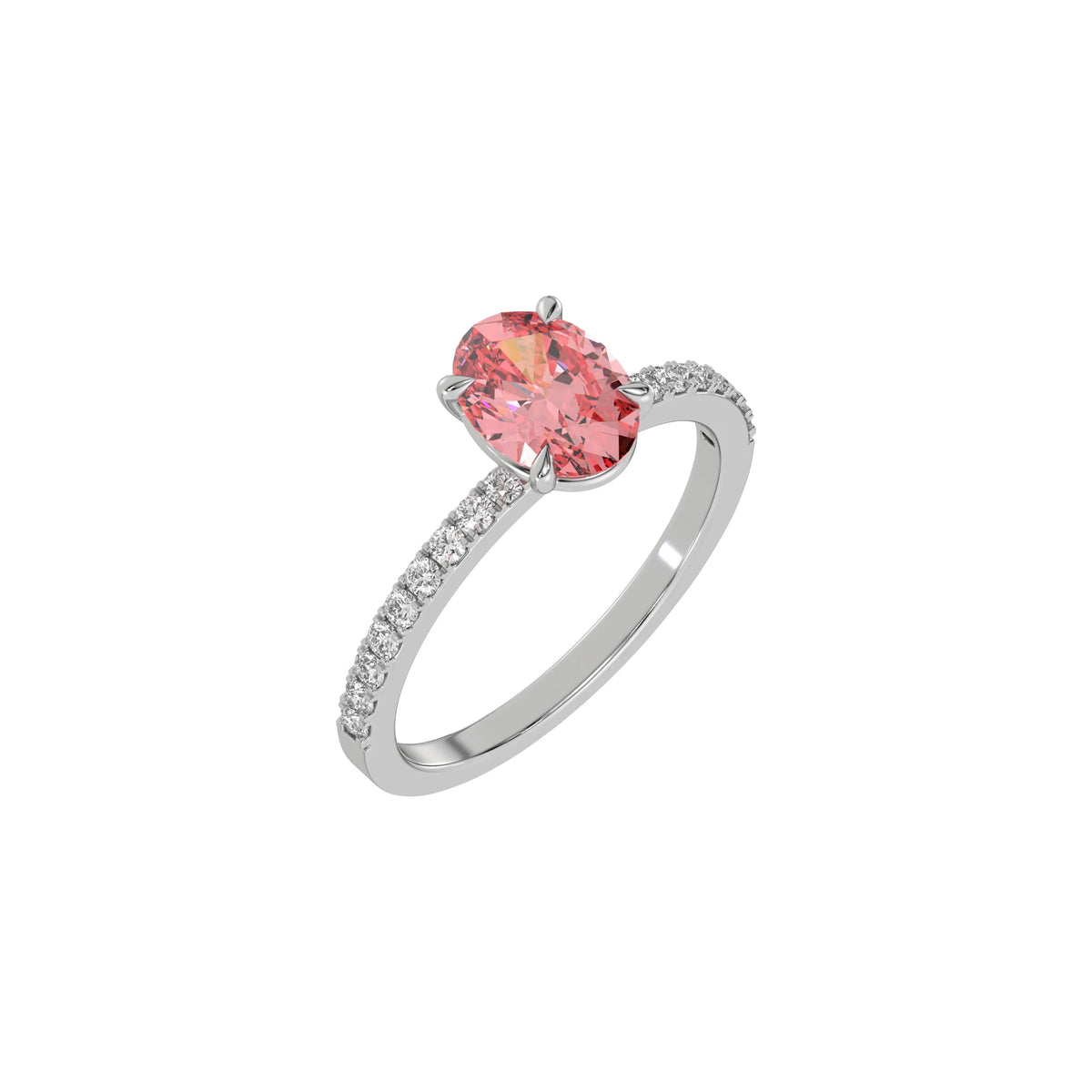 This white gold ring is made with an fancy Pink oval solitaire diamond set in four-prong setting, and is complemented by a round pave diamonds band in 3D view