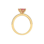 This yellow gold ring is made with an fancy Pink oval solitaire diamond set in four-prong setting, and is complemented by a round pave diamonds band in through finger view