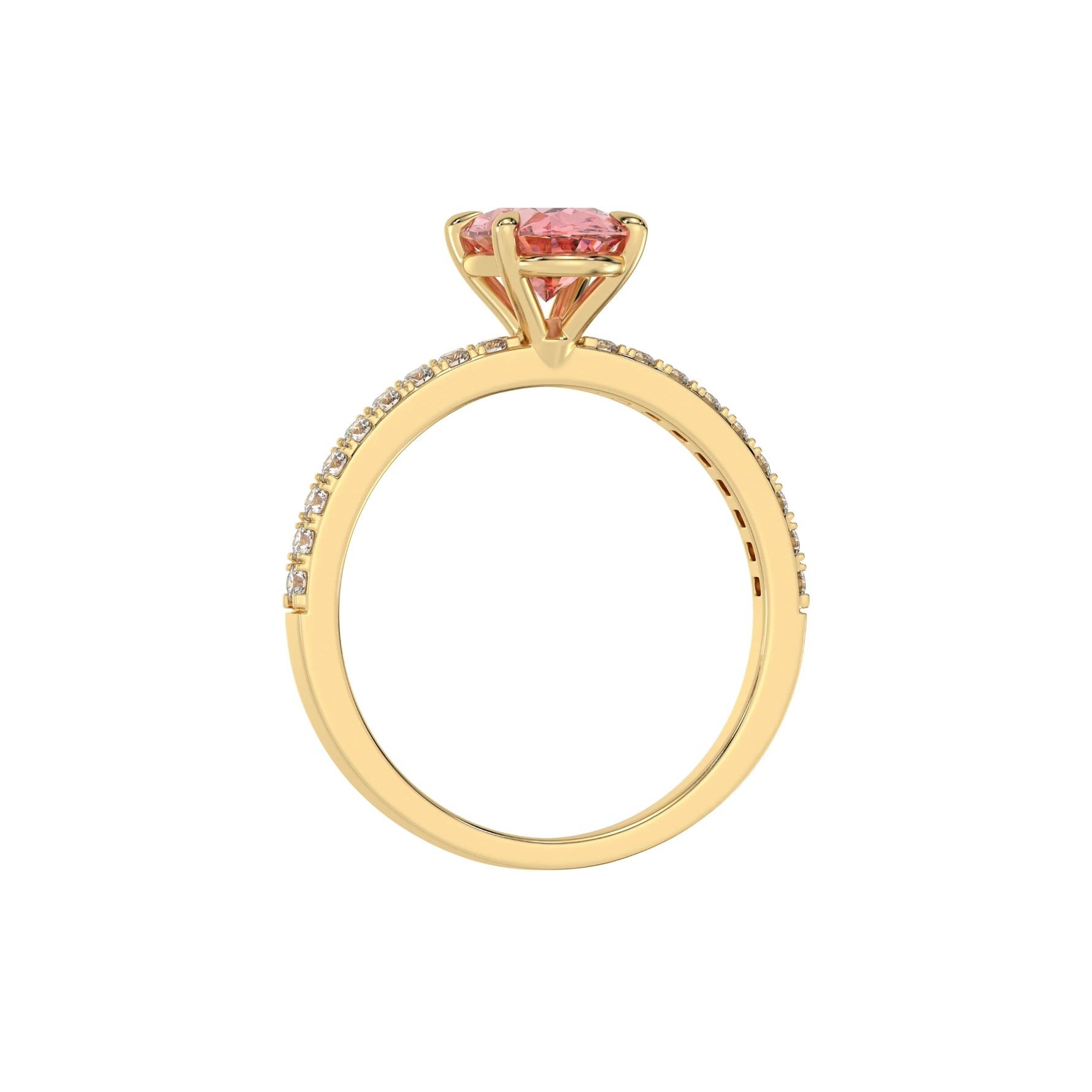 This yellow gold ring is made with an fancy Pink oval solitaire diamond set in four-prong setting, and is complemented by a round pave diamonds band in through finger view