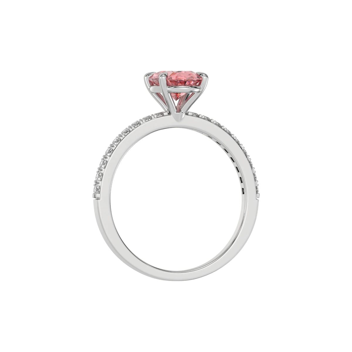 This white gold ring is made with an fancy Pink oval solitaire diamond set in four-prong setting, and is complemented by a round pave diamonds band in through finger view