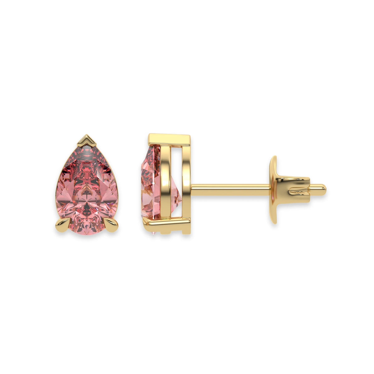 18k yellow gold Pear shaped diamond stud earrings made with a fancy pink pear shaped diamond set in a four prong setting