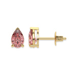 18k yellow gold Pear shaped diamond stud earrings made with a fancy pink pear shaped diamond set in a four prong setting