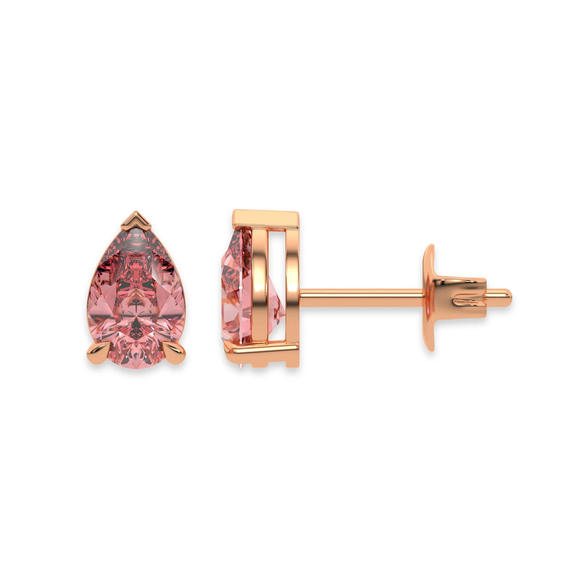 18k rose gold Pear shaped diamond stud earrings made with a fancy pink pear shaped diamond set in a four prong setting