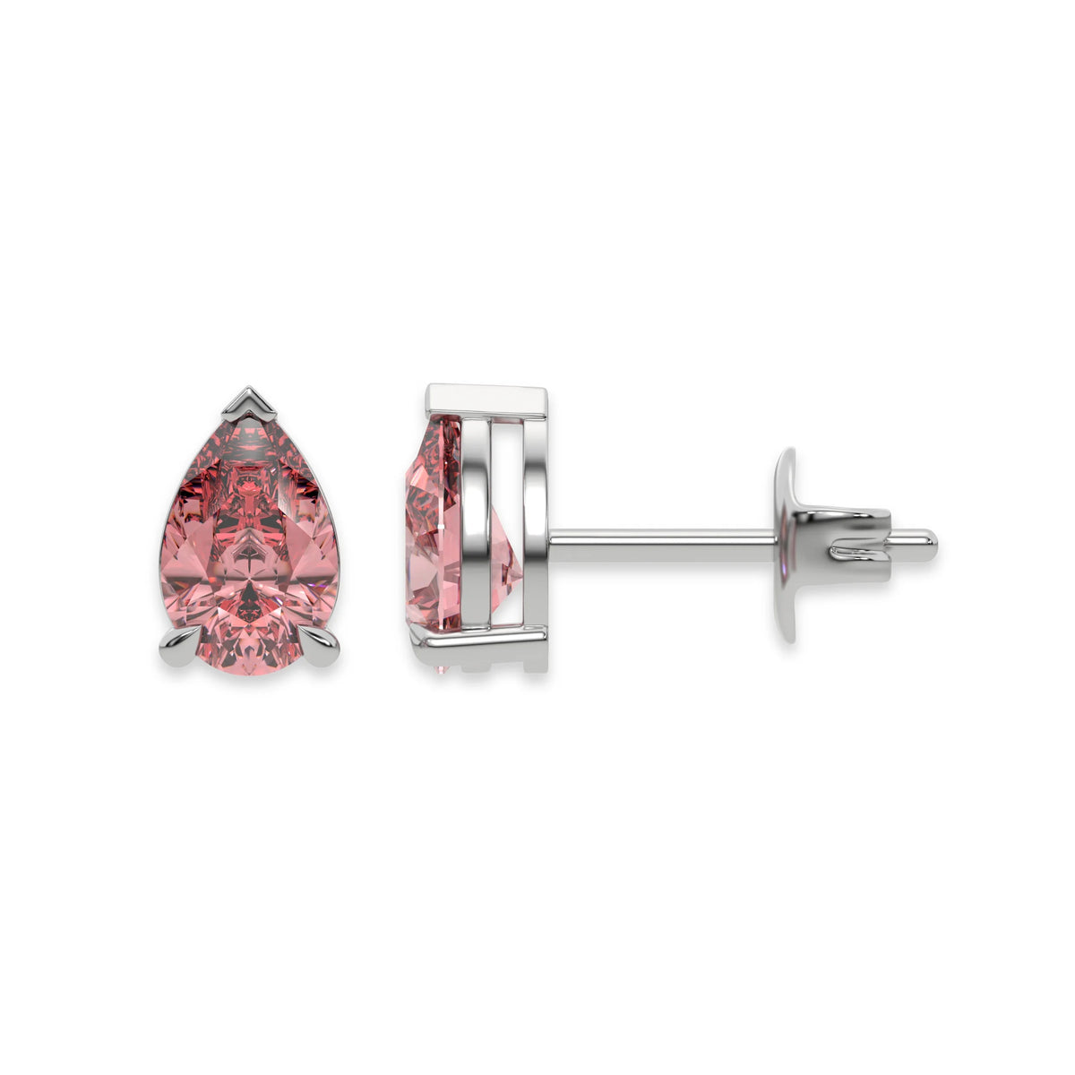 14k white gold Pear shaped diamond stud earrings made with a fancy pink pear shaped diamond set in a four prong setting