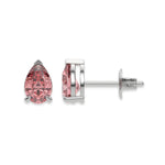 14k white gold Pear shaped diamond stud earrings made with a fancy pink pear shaped diamond set in a four prong setting