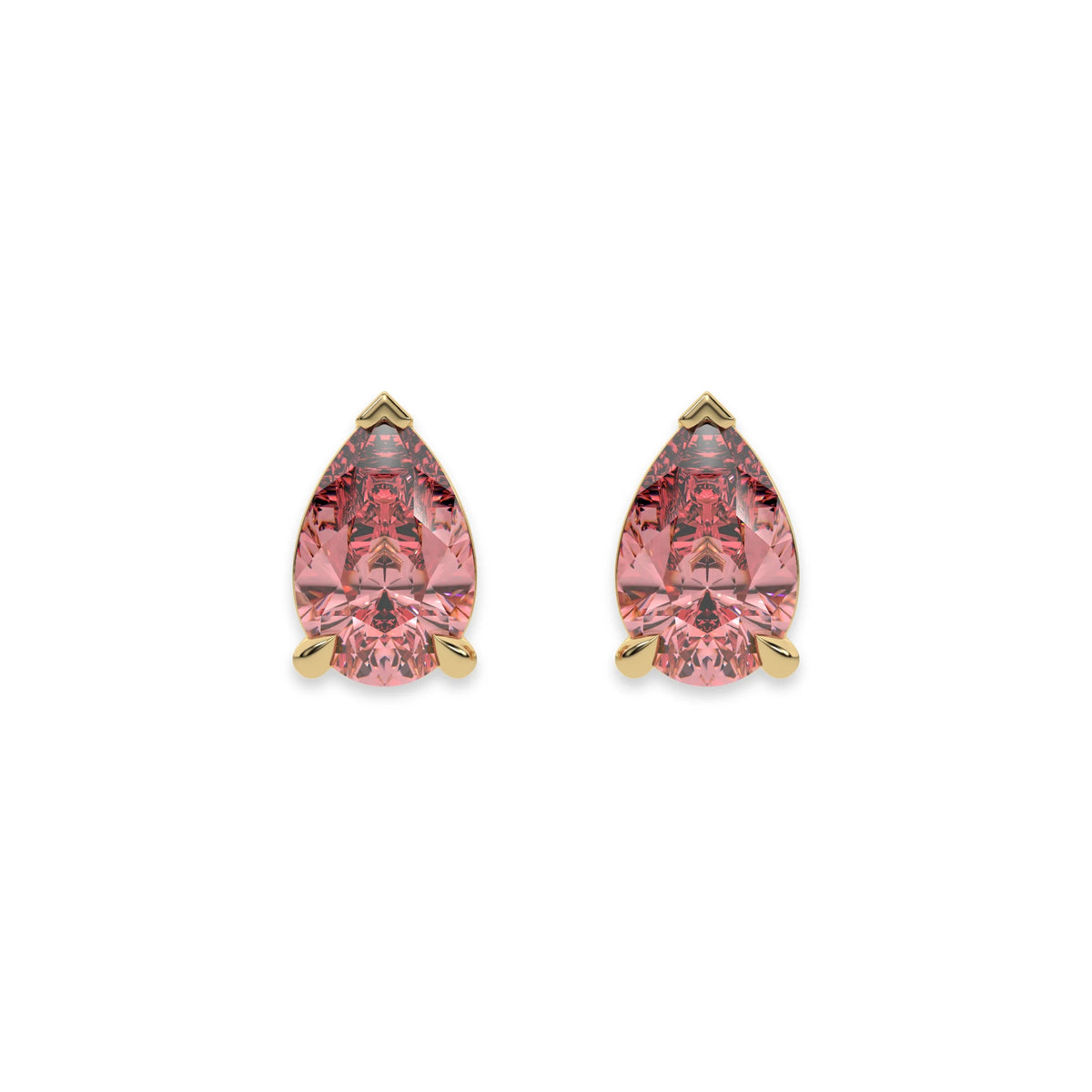 10k Yellow gold Pear shaped diamond stud earrings made with a fancy pink pear shaped diamond set in a four prong setting