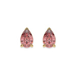 10k Yellow gold Pear shaped diamond stud earrings made with a fancy pink pear shaped diamond set in a four prong setting
