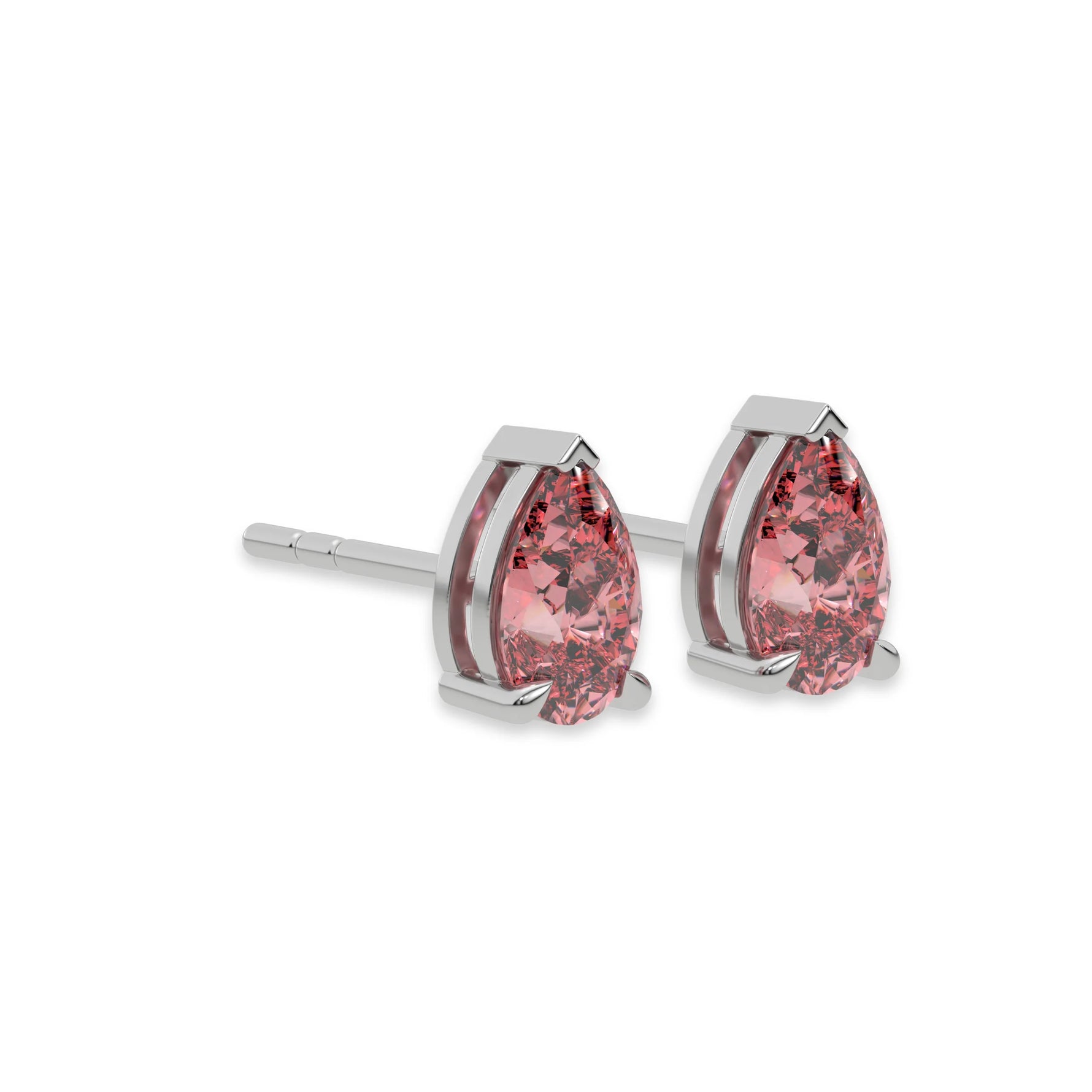 This white gold Classic Pear Diamond Earrings made with a fancy pink pear-cut diamonds set in a four prong setting in side view