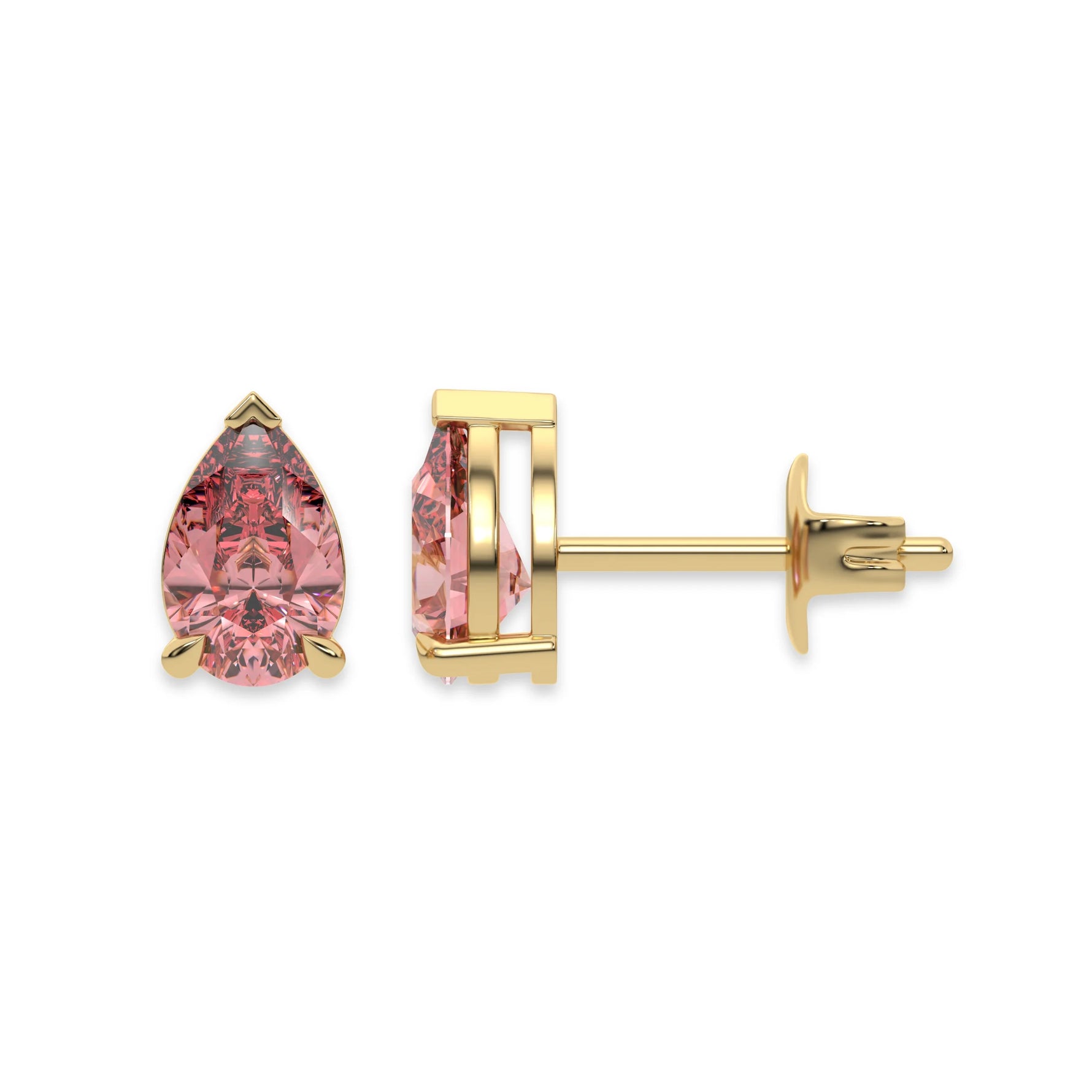 This yellow gold Classic Pear Diamond Earrings made with a fancy pink pear-cut diamonds set in a four prong setting in top view and side view