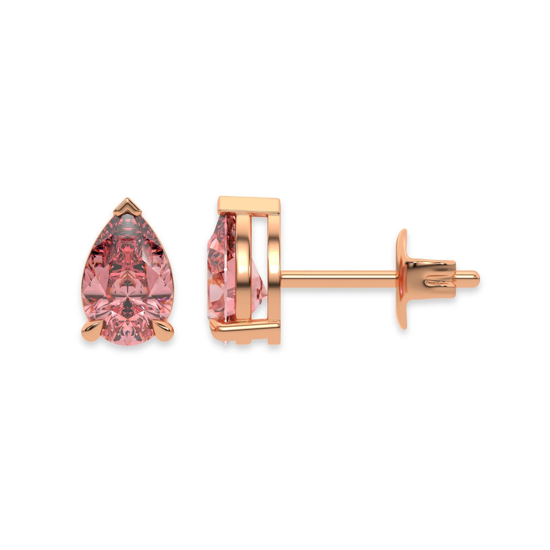 This rose gold Classic Pear Diamond Earrings made with a fancy pink pear-cut diamonds set in a four prong setting in top view and side view