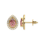 18k yellow gold Pear Diamond Halo Earrings made with a fancy pink pear cut solitaire diamonds set in a four prong setting.