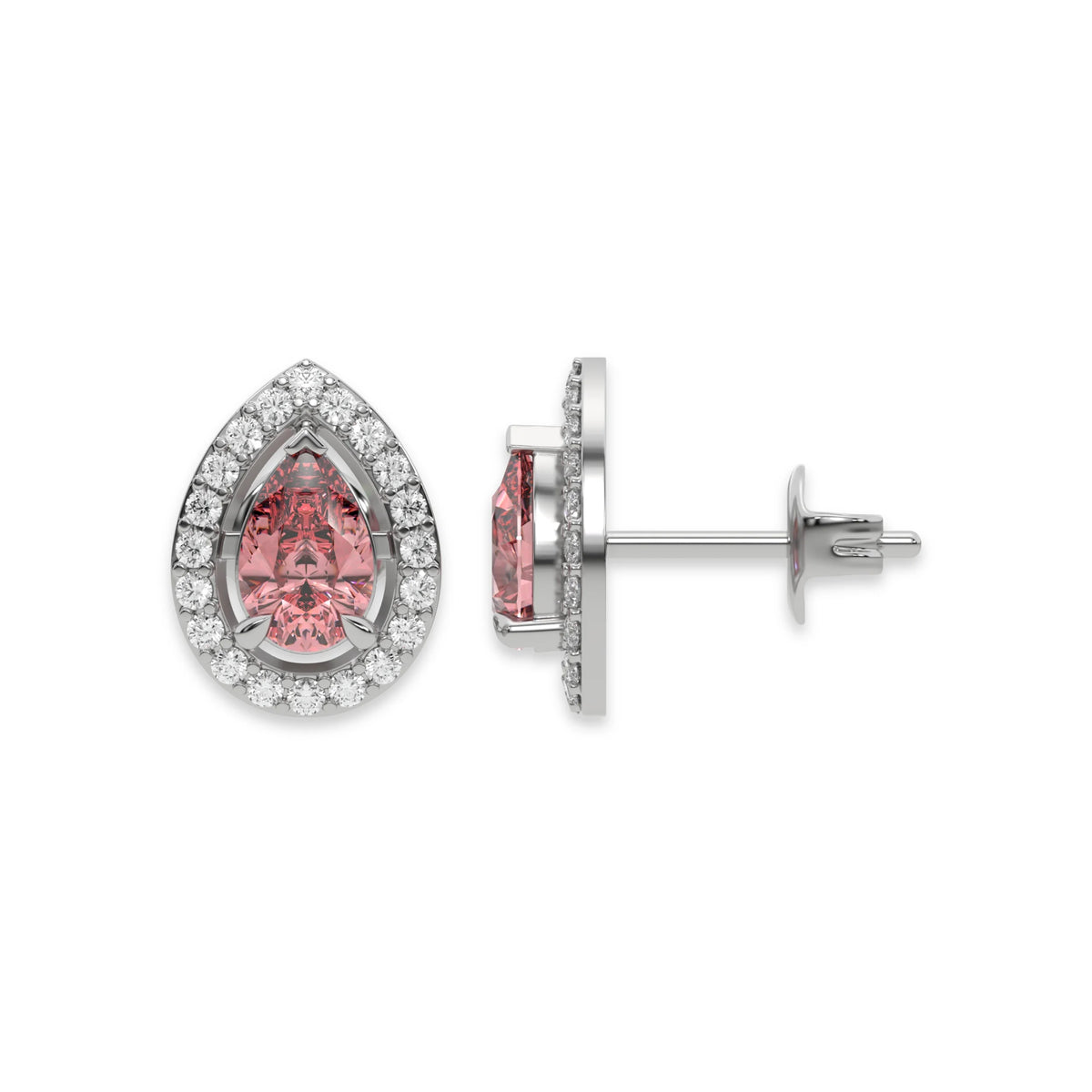 10k white gold Pear Diamond Halo Earrings made with a fancy pink pear cut solitaire diamonds set in a four prong setting.