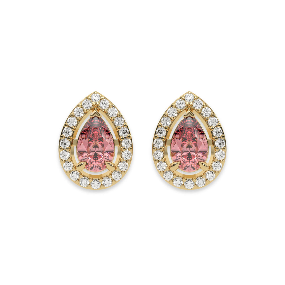18k Yellow gold Pear Diamond Halo Earrings made with a fancy pink pear cut solitaire diamonds set in a four prong setting.