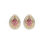 18k Yellow gold Pear Diamond Halo Earrings made with a fancy pink pear cut solitaire diamonds set in a four prong setting.