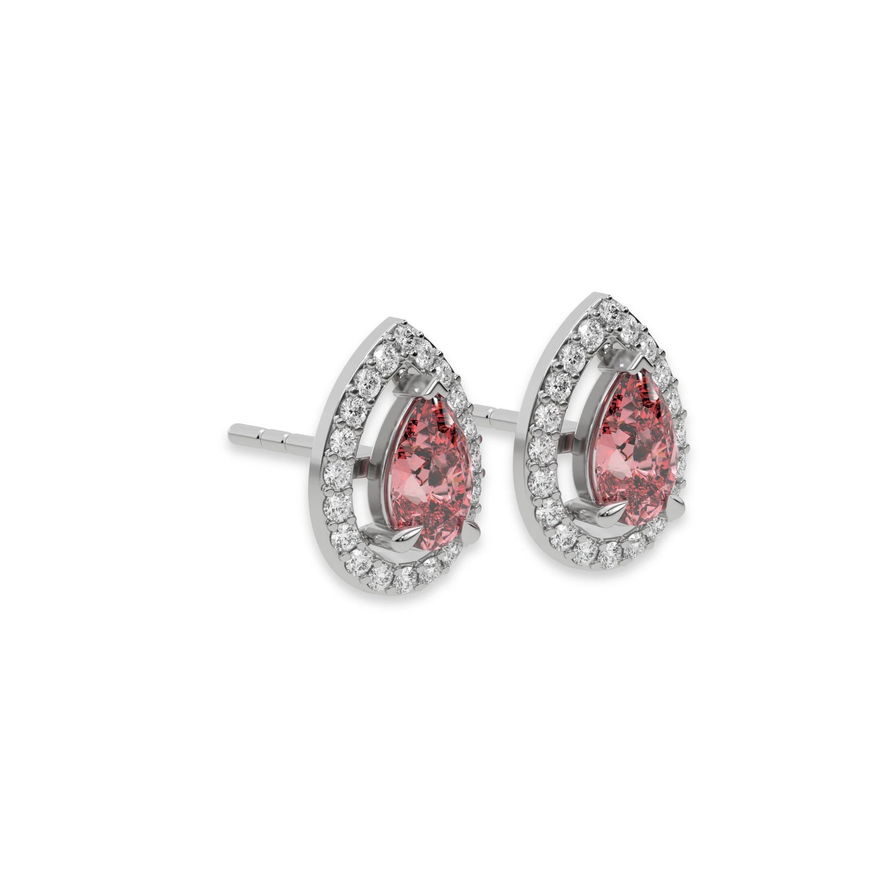 This white gold Classic Pear Diamond Halo Earrings made with a fancy pink pear cut solitaire diamonds set in a four prong setting in side view