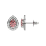 This white gold Classic Pear Diamond Halo Earrings made with a fancy pink pear cut solitaire diamonds set in a four prong setting in top view and side view