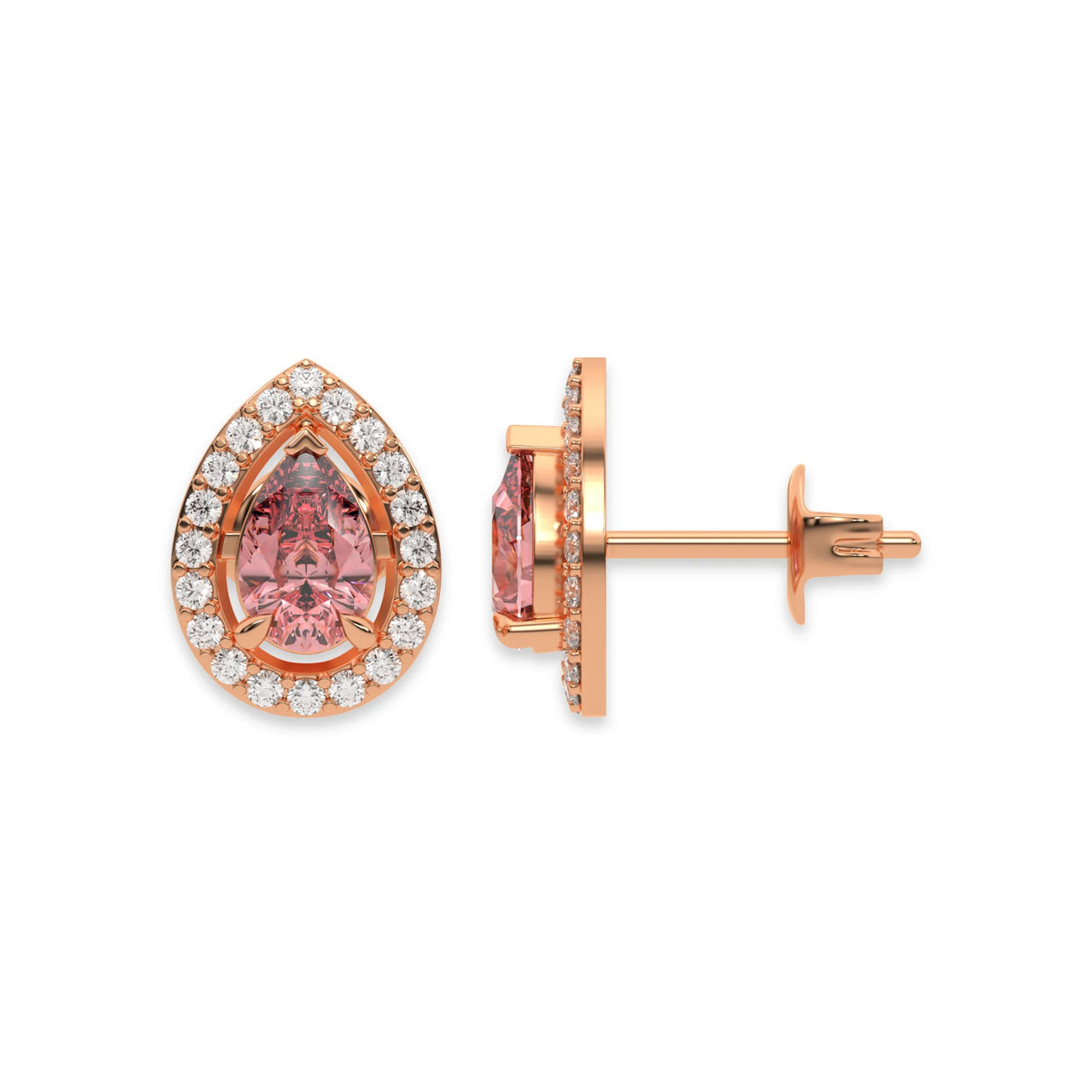 This rose gold Classic Pear Diamond Halo Earrings made with a fancy pink pear cut solitaire diamonds set in a four prong setting in top view and side view