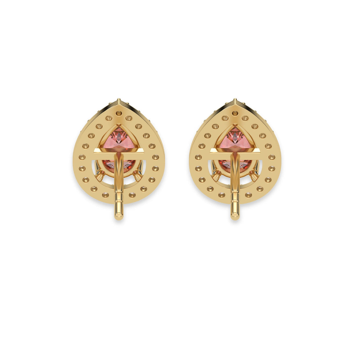 This yellow gold Classic Pear Diamond Halo Earrings made with a fancy pink pear cut solitaire diamonds set in a four prong setting in back view