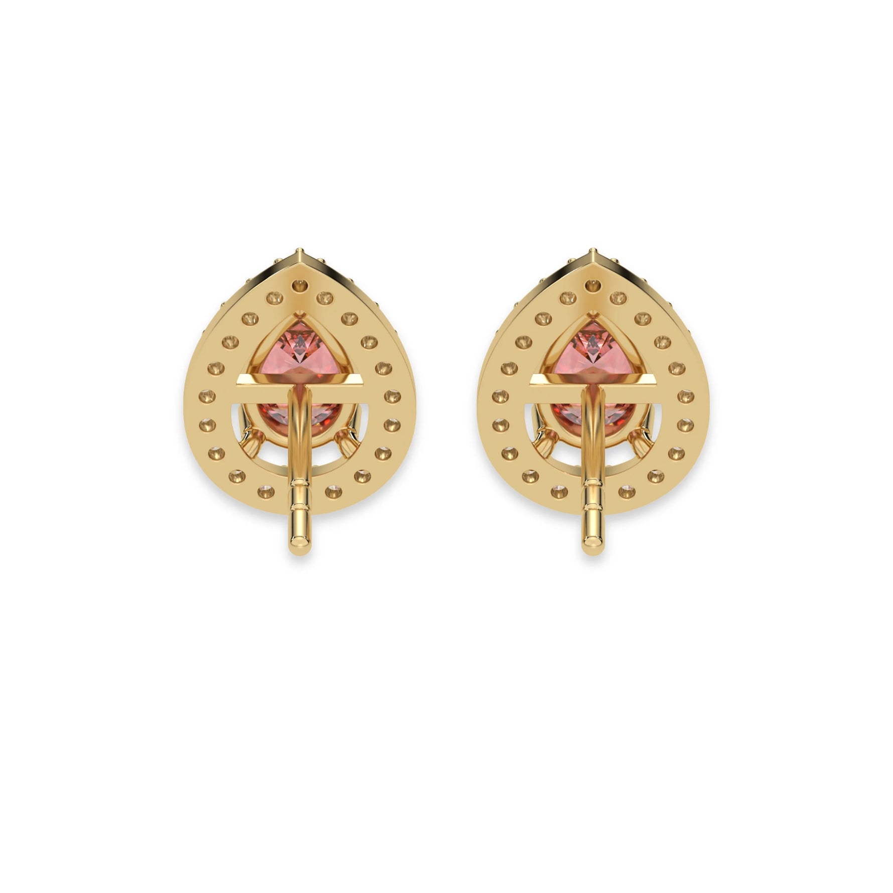 This yellow gold Classic Pear Diamond Halo Earrings made with a fancy pink pear cut solitaire diamonds set in a four prong setting in back view