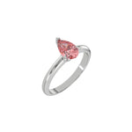 This white gold ring features a fancy Pink pear solitaire diamond elegantly secured in a three-prong setting on a solid gold band in 3D view