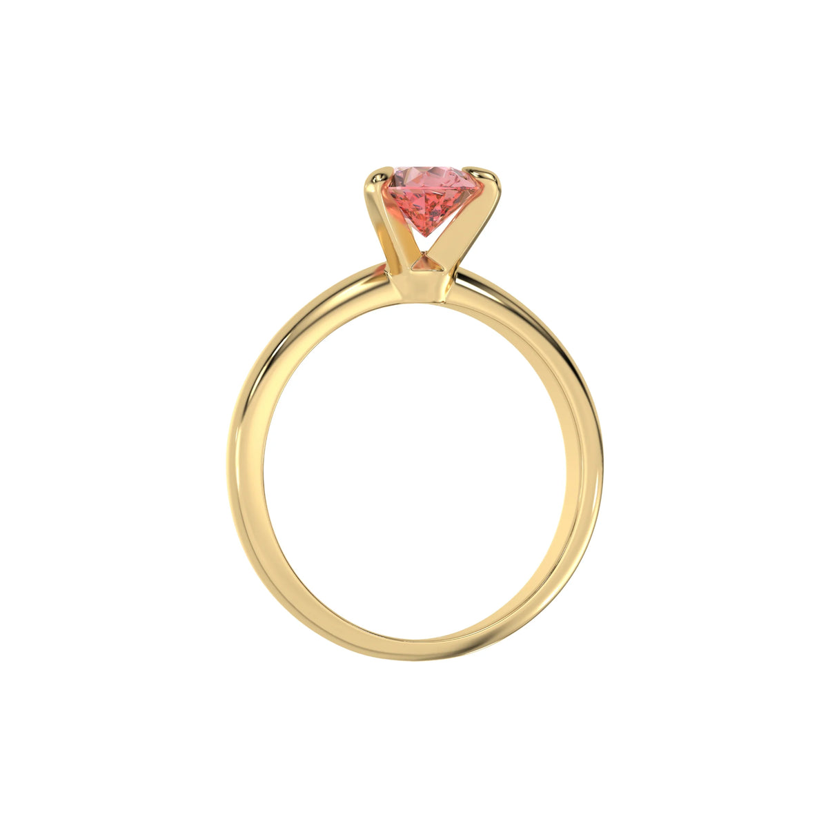 This yellow gold ring features a fancy Pink pear solitaire diamond elegantly secured in a three-prong setting on a solid gold band in through finger view