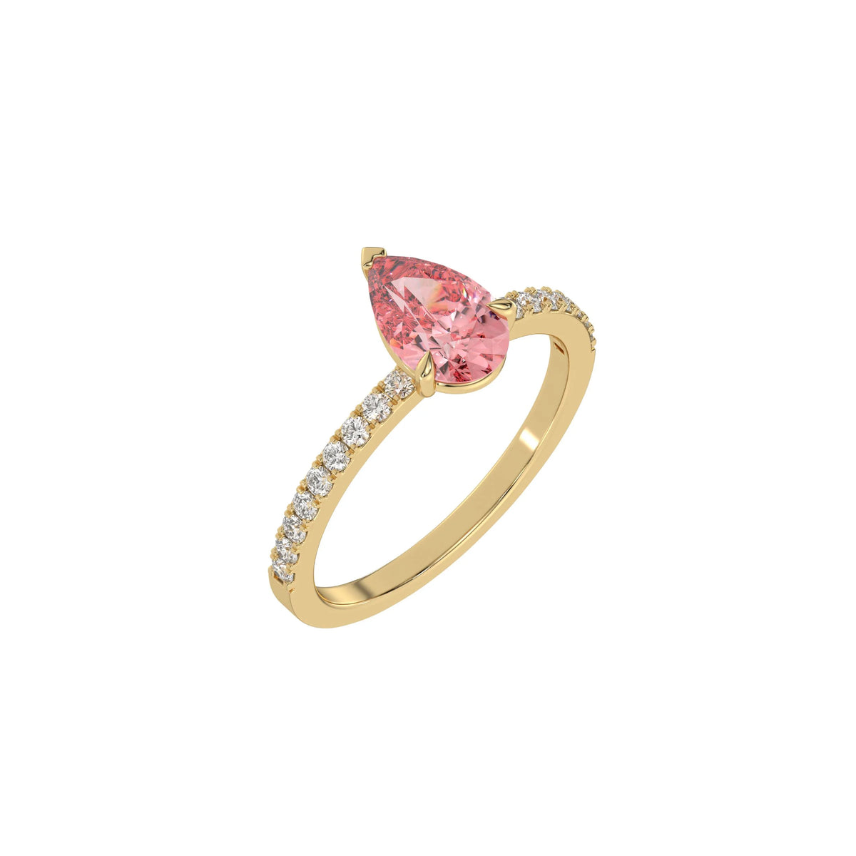 This yellow gold ring is made with a fancy Pink pear solitaire diamond set in three-prong setting, and is complemented by a round pave diamonds band in 3D view