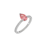 This white gold ring is made with a fancy Pink pear solitaire diamond set in three-prong setting, and is complemented by a round pave diamonds band in 3D view