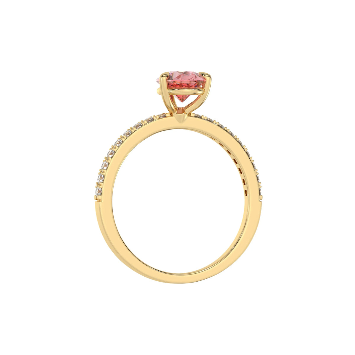 This yellow gold ring is made with a fancy Pink pear solitaire diamond set in three-prong setting, and is complemented by a round pave diamonds band in through finger view