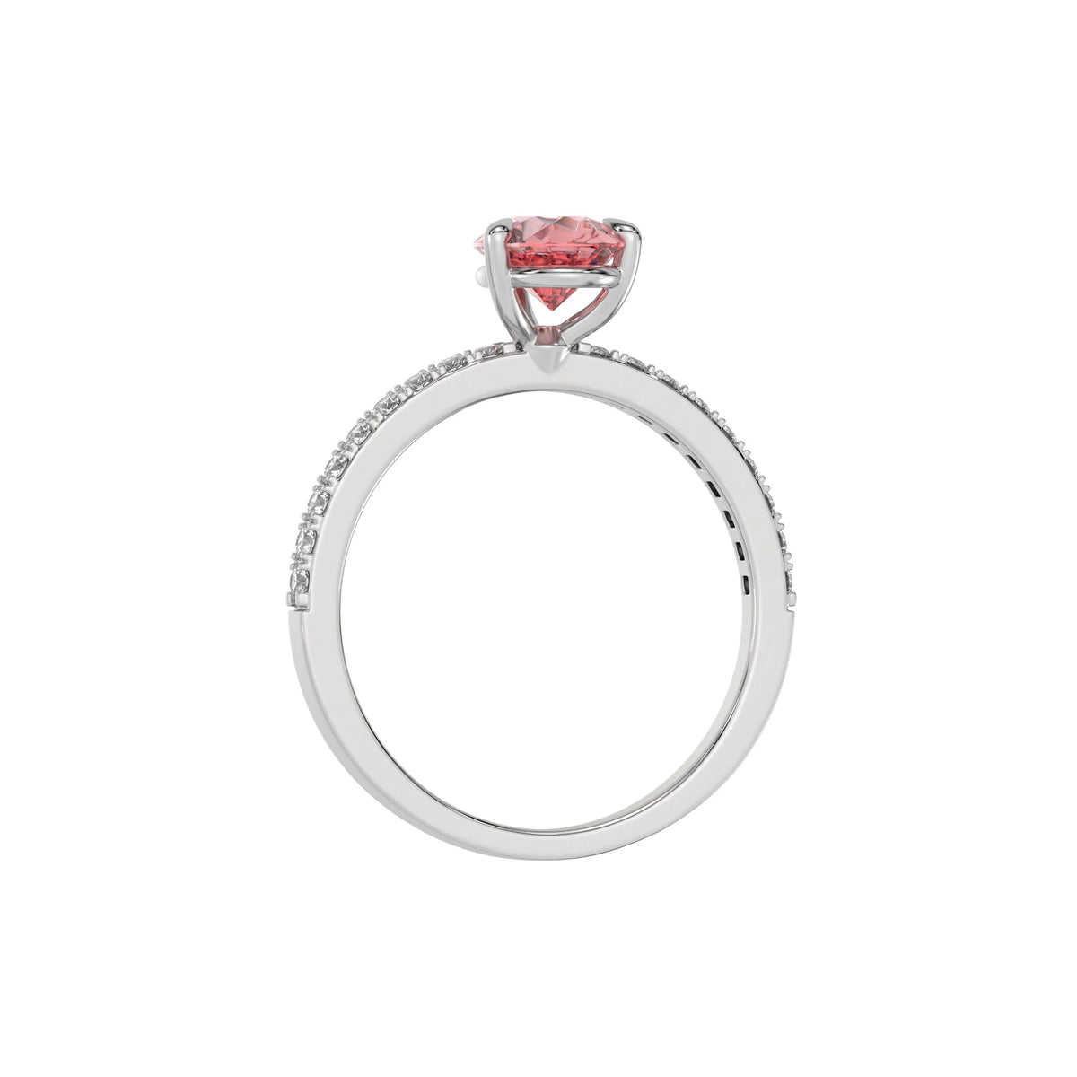 This white gold ring is made with a fancy Pink pear solitaire diamond set in three-prong setting, and is complemented by a round pave diamonds band in through finger view