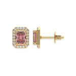 This yellow gold Classic Radiant Diamond Halo Earrings made with a fancy pink radiant cut solitaire diamonds set in a four prong setting in top view and side view