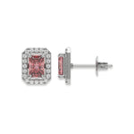 This white gold Classic Radiant Diamond Halo Earrings made with a fancy pink radiant cut solitaire diamonds set in a four prong setting in top view and side view