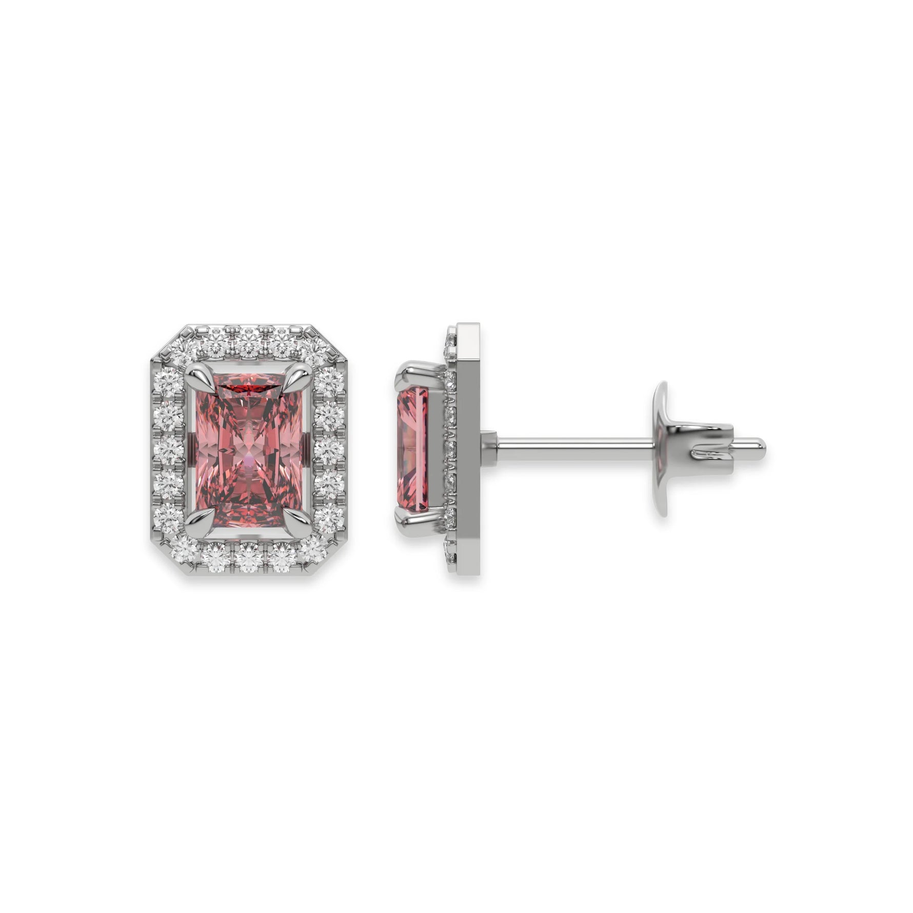 This white gold Classic Radiant Diamond Halo Earrings made with a fancy pink radiant cut solitaire diamonds set in a four prong setting in top view and side view