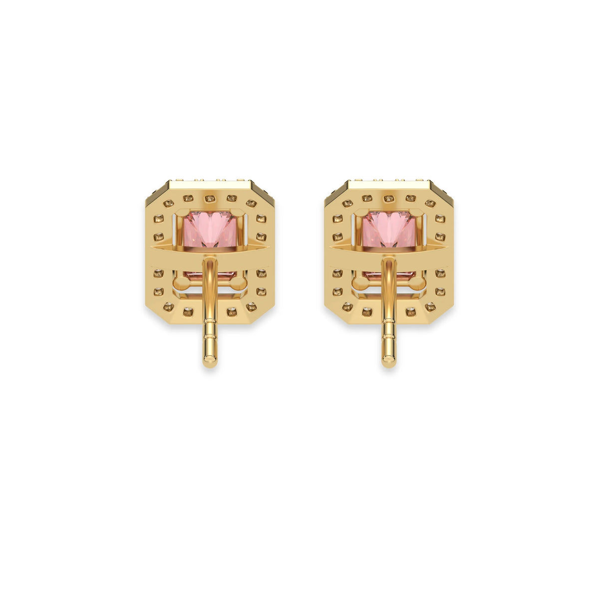 This yellow gold Classic Radiant Diamond Halo Earrings made with a fancy pink radiant cut solitaire diamonds set in a four prong setting in back view