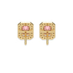 This yellow gold Classic Radiant Diamond Halo Earrings made with a fancy pink radiant cut solitaire diamonds set in a four prong setting in back view