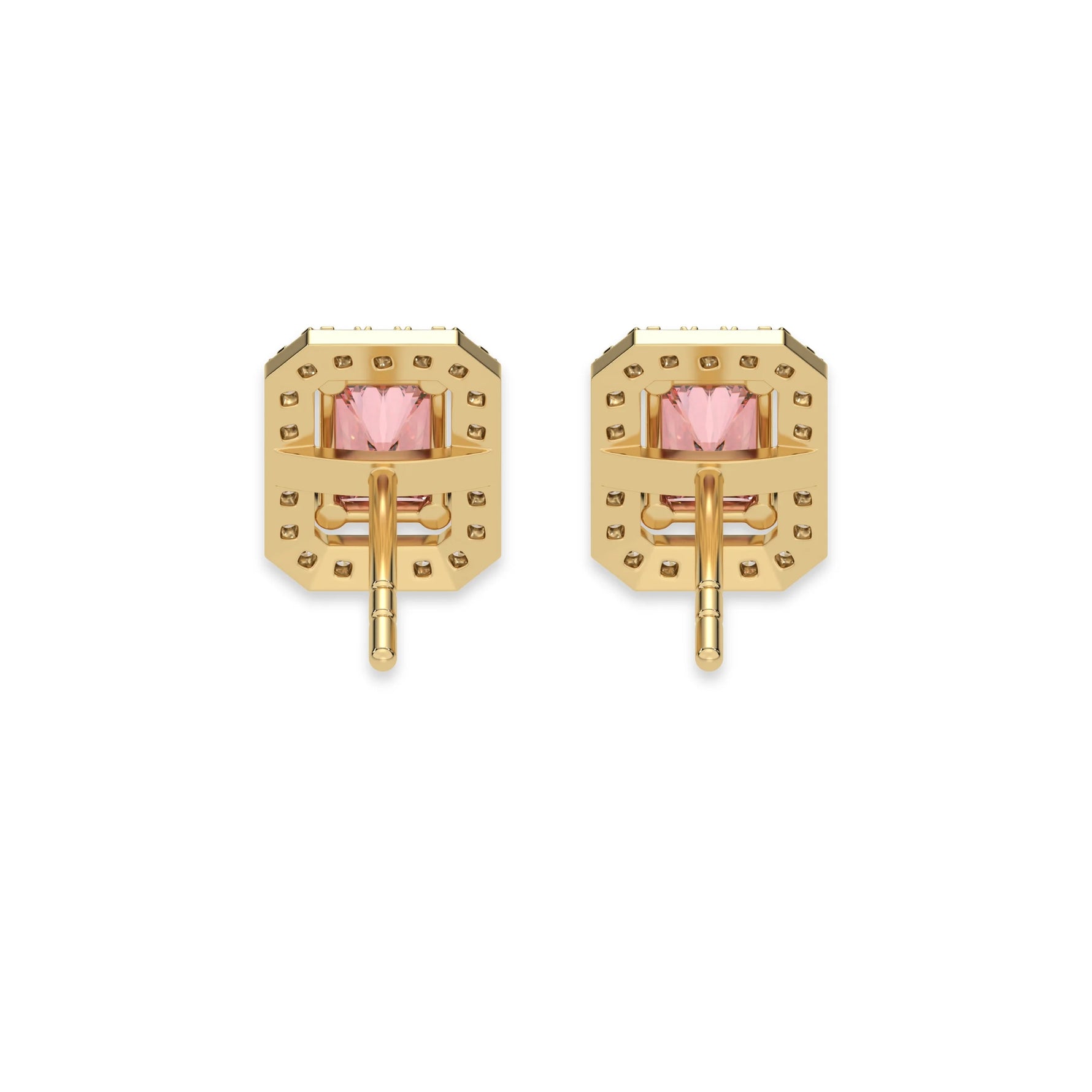 This yellow gold Classic Radiant Diamond Halo Earrings made with a fancy pink radiant cut solitaire diamonds set in a four prong setting in back view